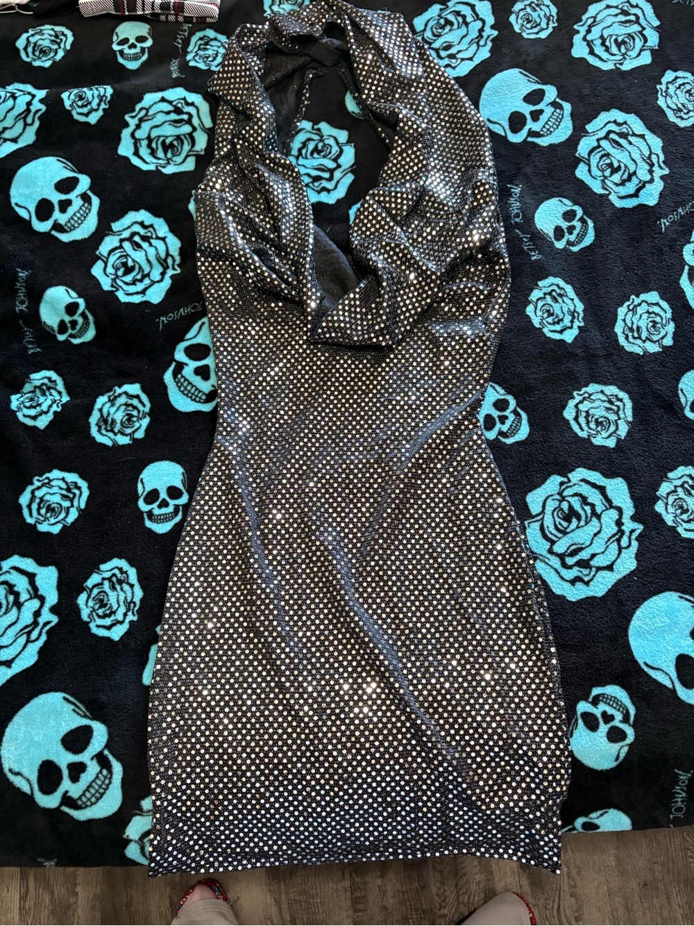 Black Sparkle Backless Hooded Halter Dress with Draped Neckline